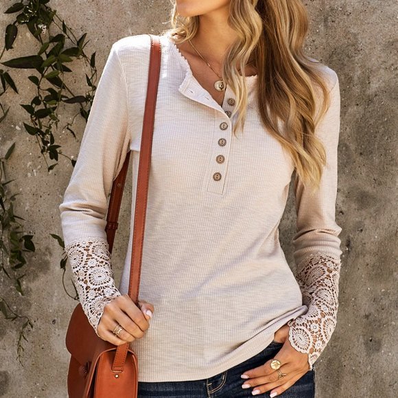 1 Left! Beige Button Top w/Crochet Lace Sleeve Hem - Picture 11 of 12